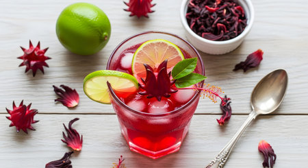 A glass of bright red hibiscus tea with lime and ice sits on a white wooden surface surrounded...の写真素材