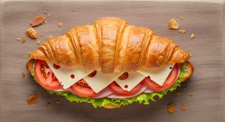 A golden croissant sandwich filled with ham, cheese, tomato slices, and lettuce sits on a...