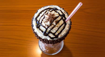 Cream showing rich chocolate shake with whipped cream chocolate drizzle and cocoa powder on a...