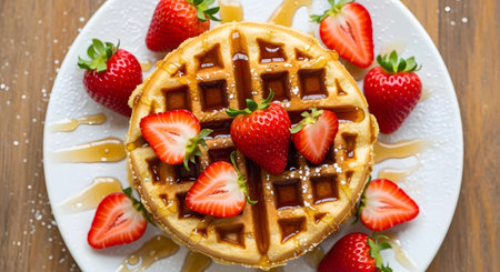 134729 showing round golden waffle topped with fresh strawberries and drizzled with syrup on a...の写真素材