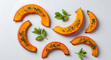 Sliced baked pumpkin pieces are sprinkled with chopped green herbs and arranged on a white...の写真素材