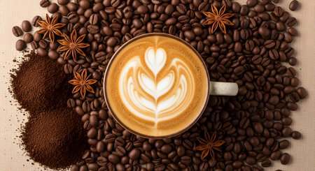 A close-up overhead view of a latte with delicate nestled amongst coffee beans and star anise.