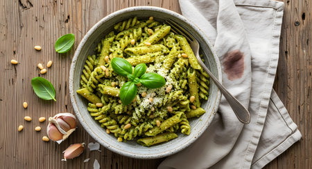 20260223 showing rustic overhead view of pesto fusilli pasta with basil pine nuts and garlic on...