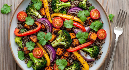 Vegetables showing vibrant quinoa salad with roasted vegetables bell peppers onions and cherry...の写真素材