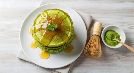Pancakes showing stack of green matcha pancakes drizzled with honey and a mint leaf on a white...の写真素材