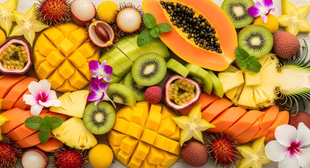 20260223 showing vibrant assortment of fresh tropical fruits including mango papaya starfruit...