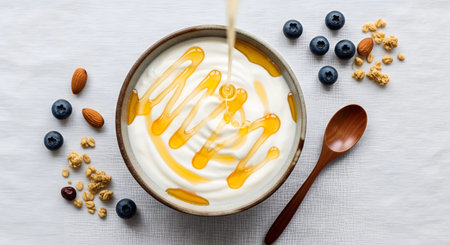 Yogurt showing yogurt bowl with honey drizzle blueberries almonds and granola on white fabric....の写真素材