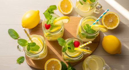 Lemonade showing refreshing lemonade in mason jars with mint and raspberries garnished with...