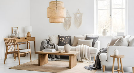 Cozy bohemian living room featuring a wooden coffee table, rattan accents, and textured throws...