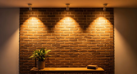 showing brick wall illuminated by warm spotlights with potted plant. resolution