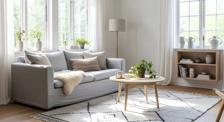A bright Scandinavian living room a light grey sofa, a round wooden coffee table, and a...の写真素材