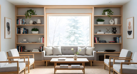 Window showing bright living room with large window, bookshelves, and minimalist furniture.