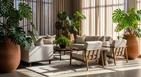 (59) showing contemporary living area with large green plants and neutral furniture.
