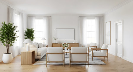 A contemporary living room with white sofas, wooden chairs, a TV console, and lush green plants.