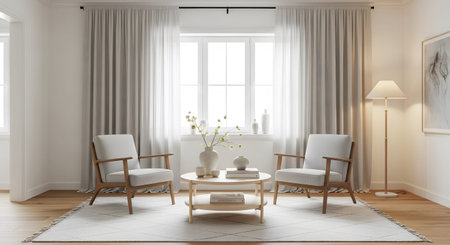 Table showing cozy living room with two white armchairs a round coffee table and a floor lamp...の写真素材