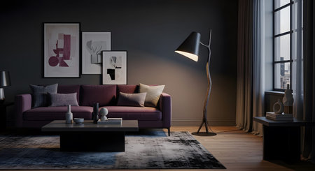 An living room featuring a plush purple sofa, abstract on the wall, and a distinctive floor lamp.の写真素材