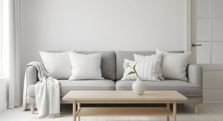 Room showing cozy living room with a grey sofa, white pillows, and a wooden coffee table.