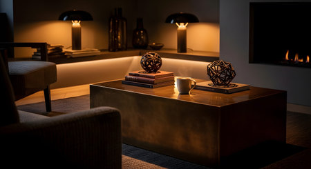 Warm ambient light illuminates a cozy living room with a coffee table holding decorative and a...