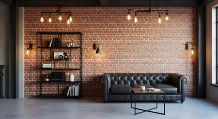 A dark leather chesterfield sofa sits before a red brick wall with industrial pendant lights.