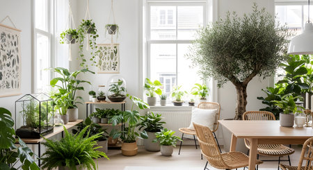 An airy interior space a prominent olive tree, a variety of green houseplants, rattan chairs,...の写真素材