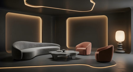 Futuristic living room with a curved gray sofa, soft pink armchairs, and ambient glowing wall...