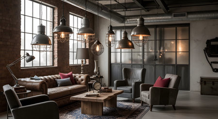 showing industrial loft living room with leather chesterfield sofa and exposed brick...の写真素材