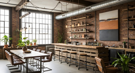 An industrial loft space with exposed brick walls, a wooden bar, a dining table, and large...の写真素材