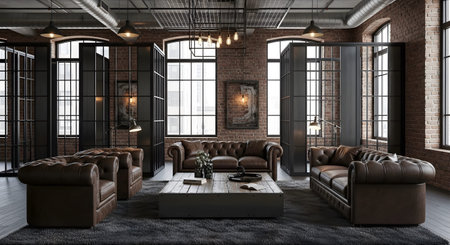 Brick showing industrial loft living room with dark leather chesterfield sofas and brick walls....