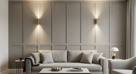 showing living room interior with paneled walls and modern sofa. resolution