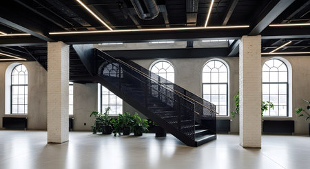 An industrial loft a black metal staircase, arched windows, concrete columns, and lush green plants.