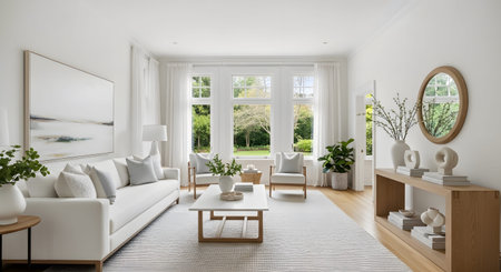 Garden showing living room with white sofa and large windows overlooking a garden.