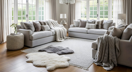 Living room showing living room with plush sofas and cozy throws on a sunny day. resolution...