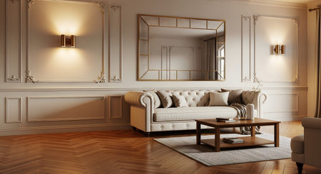 Wood showing living room with tufted sofa, large ornate mirror, and herringbone wood floor.