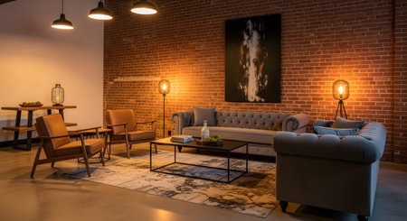 Brick showing loft living room with exposed brick walls tufted grey sofa and leather armchairs....