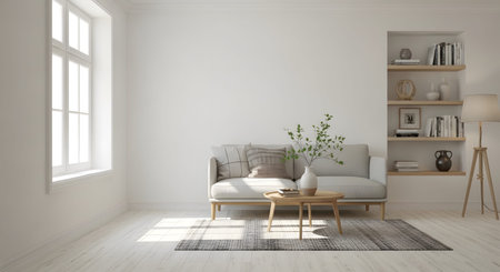 Window showing minimalist living room with sofa bookshelf and window light.