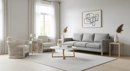 A minimalist living room showcases a grey sofa, a white cane armchair, a round coffee table, and...