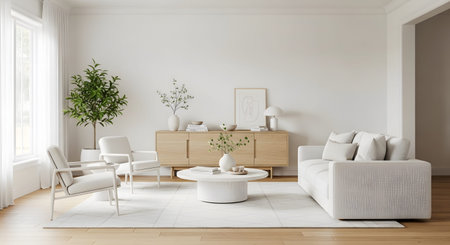 Scandinavian showing minimalist scandinavian living room with white sofa and light wood...
