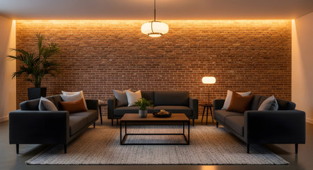 Brick showing modern living room with dark sofas brick wall and warm ambient lighting.