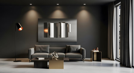 A dark living room a gray sofa, contemporary and a brass floor lamp casting warm light....