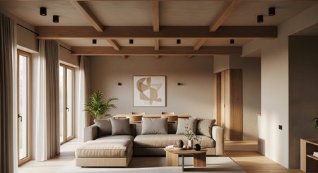 Modern showing modern living room with sectional sofa and wooden beams. resolution