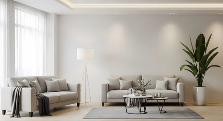 Modern showing modern living room with two sofas a floor lamp and a coffee table on a grey rug....