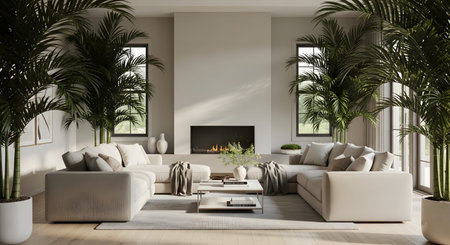 A bright, neutral living room a large sectional sofa, a modern fireplace, and lush potted palm...