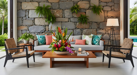 Lounge showing outdoor lounge area with stone wall, tropical floral arrangement, and comfortable seating.の写真素材