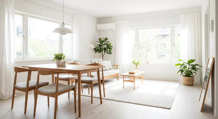 showing sunlit dining area and living space with wooden furniture and white curtains.の写真素材