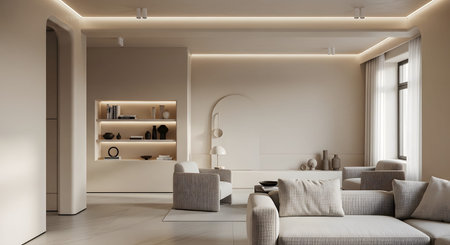 A spacious, neutral living room with recessed ceiling lighting, comfortable seating, and...