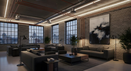 Brick showing spacious industrial loft interior with brick walls, exposed pipes, and modern...