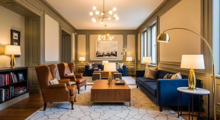 showing spacious lounge area with leather armchairs and blue velvet sofas. resolution...の写真素材