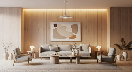 Abstract showing warm wood paneled living room with abstract and soft lighting. resolution...