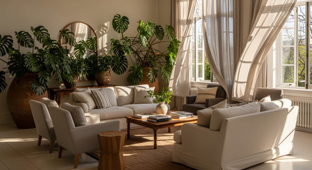 Plants showing sunlit living room with plush sofas, monstera plants, and large windows.の写真素材