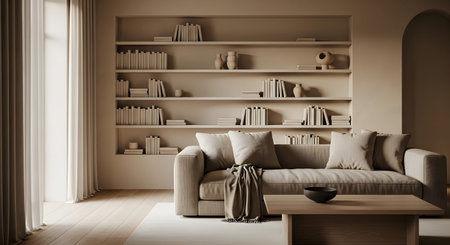 A tranquil living space with a light-colored sofa, a wooden coffee table, and a recessed wall of...